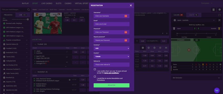 BetPlays regisztrációs űrlap