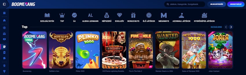 Boomerang Bet kaszinó szekció