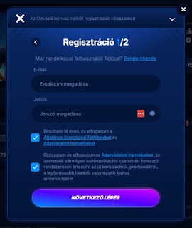 Boomerang Bet regisztrációs űrlap