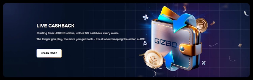 Gizbo kaszinó élő cashback bónusz