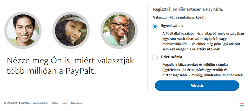Választási lehetőség az „Üzleti” és az „Egyéni” PayPalos számla között